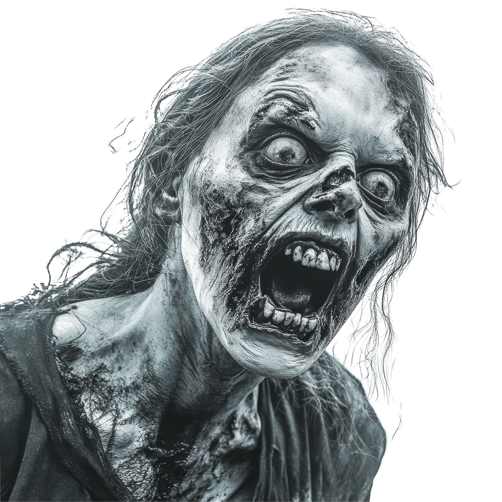 Terrifying female zombie with a ghastly expression and gruesome features against a transparent background, Terrifying Female Zombie transparent background png