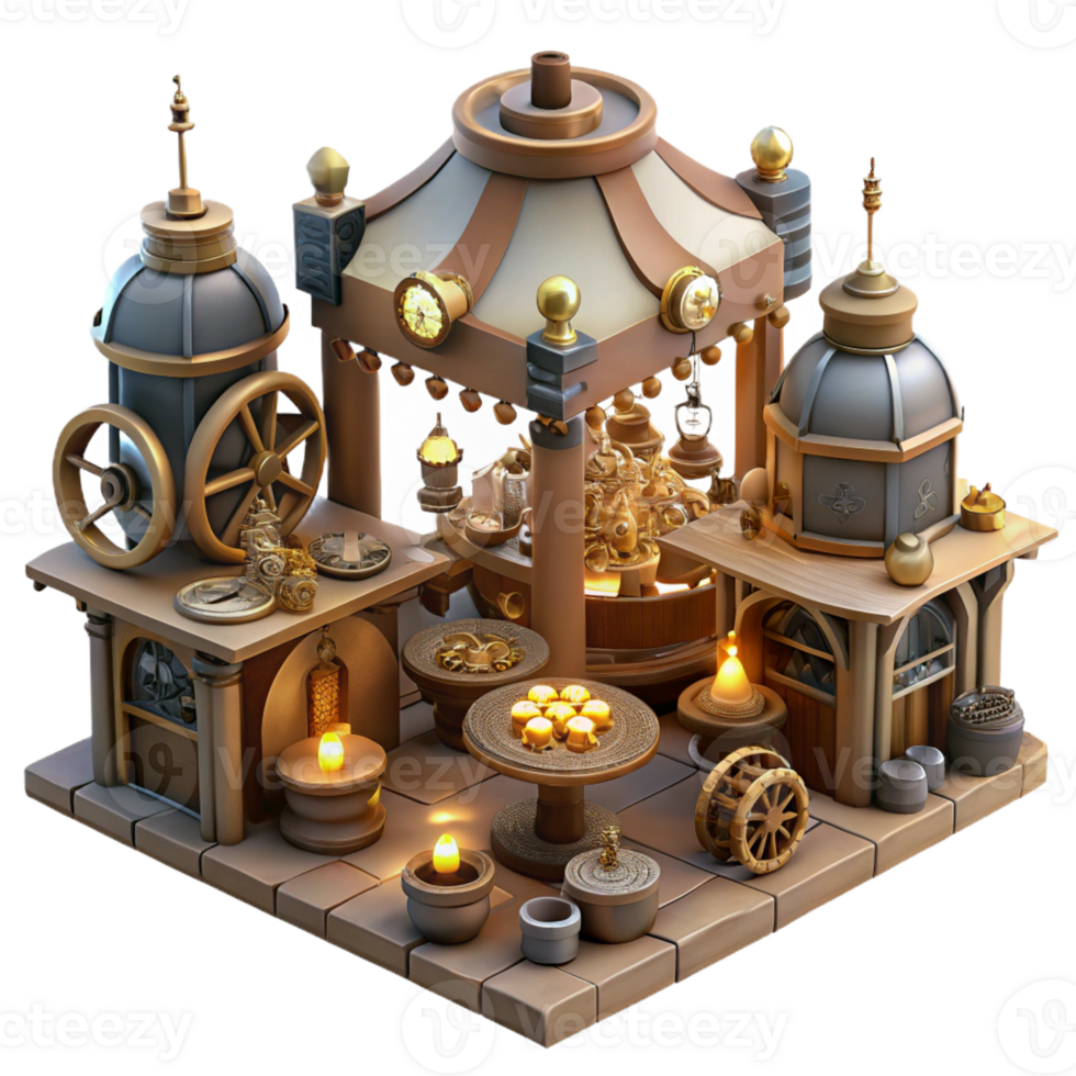 magnificent creative A bustling steampunk marketplace, filled with vendors selling fantastical gadgets, cogs and gears scattered about, lit by flickering gaslight detailed png
