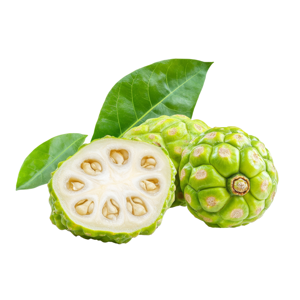 Noni fruit cut in half showcasing unique texture on a clean transparent background, Noni fruit on transparent background png