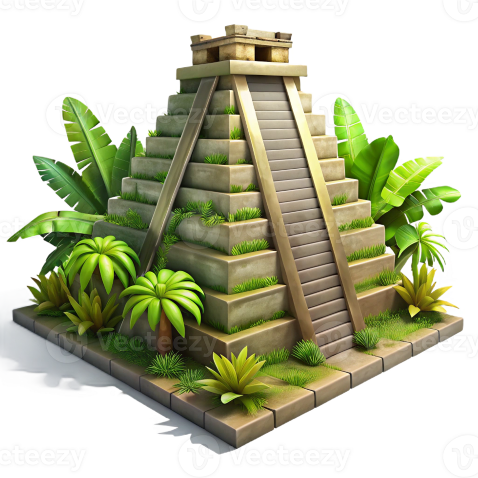 magnificent classic An ancient Mayan pyramid overgrown with jungle vegetation, dappled sunlight, mysterious, hyperrealistic, genuine png