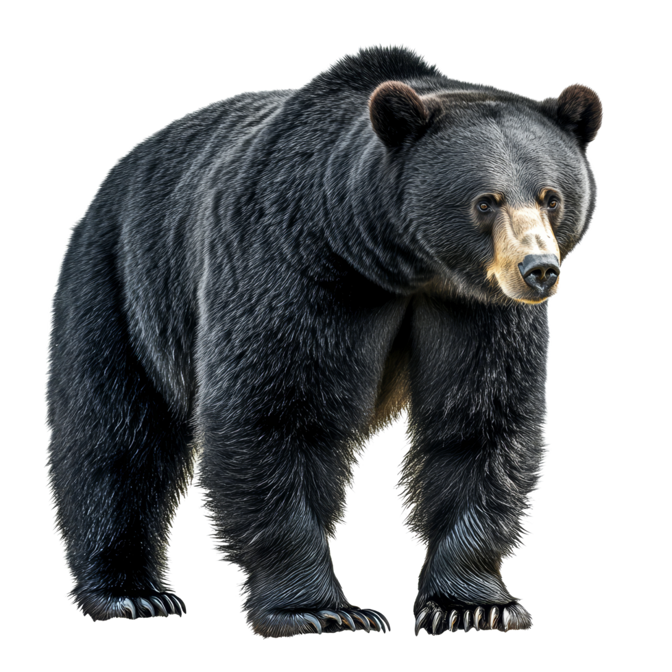 A black bear on a transparent background, showcasing its powerful physique and transparent hues, Black American Bear on transparent background png