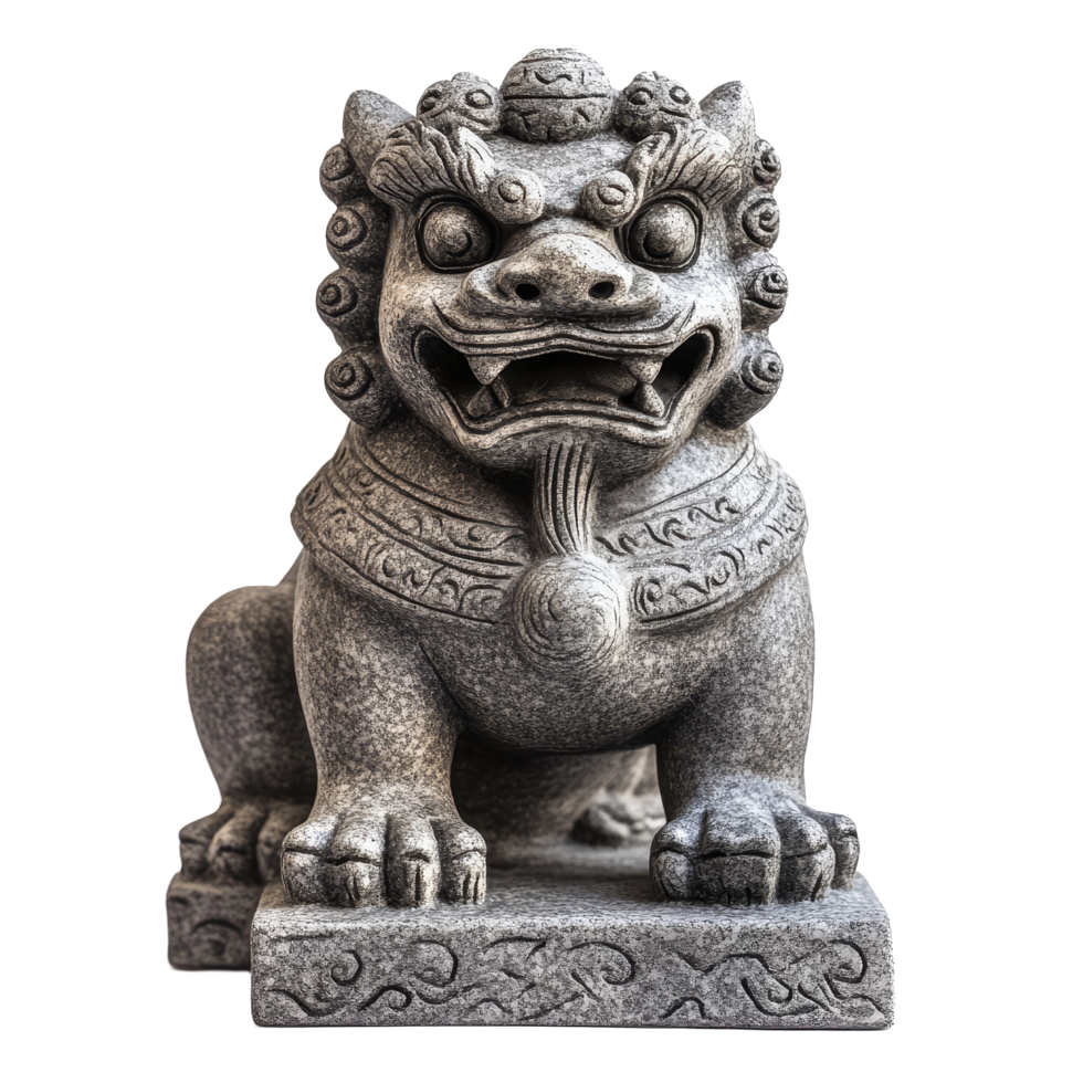 Detailed Chinese guardian lion foo dog statue with intricate features and accents, symbolizing protection and strength, Chinese guardian lion foo dog isolated statue withtransparent background png