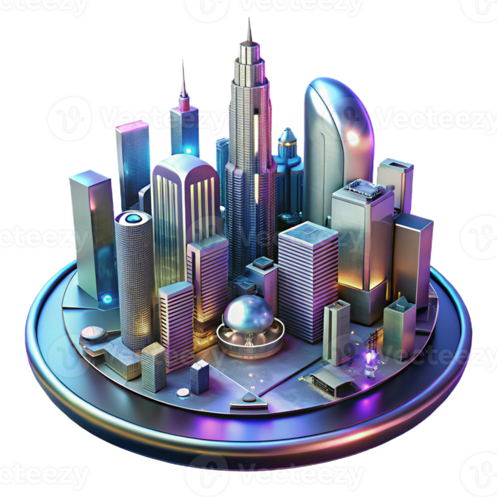 stunning vintage A futuristic cityscape reflected in a polished chrome surface, skyscrapers and flying vehicles, cyberpunk style, illuminated by neon reflections high quality png