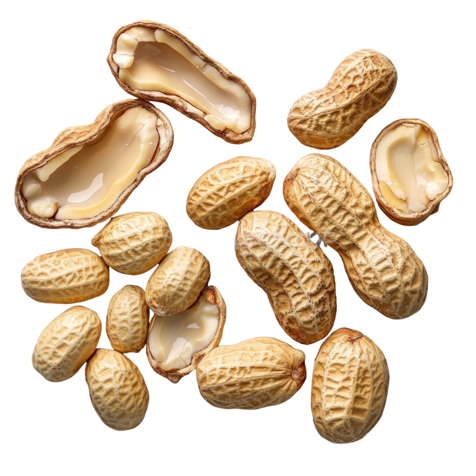 A vibrant assortment of peeled, unpeeled, and opened shell peanuts on a marble surface, Group of peeled, unpeeled and opened shell peanuts png