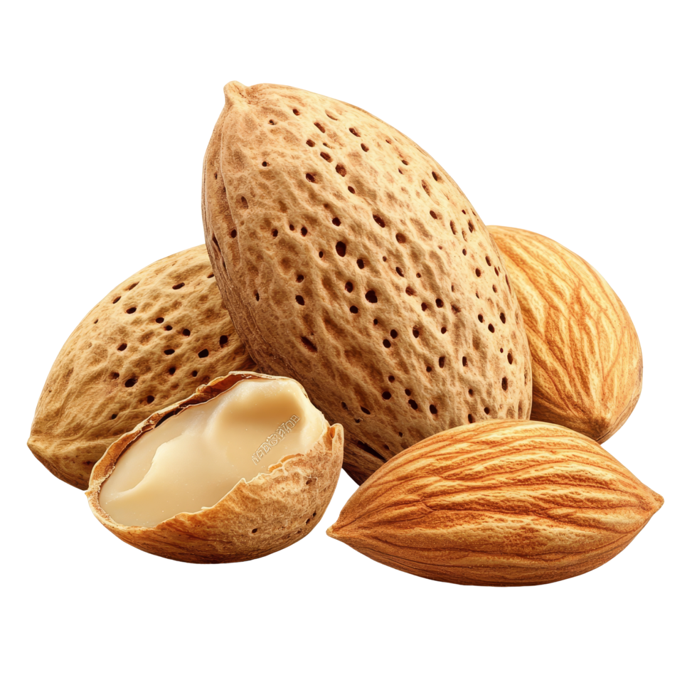 A group of raw almonds in their shells on a clean transparent background showcasing natural textures and colors, Group of almonds nut with shell isolated on transparent background png