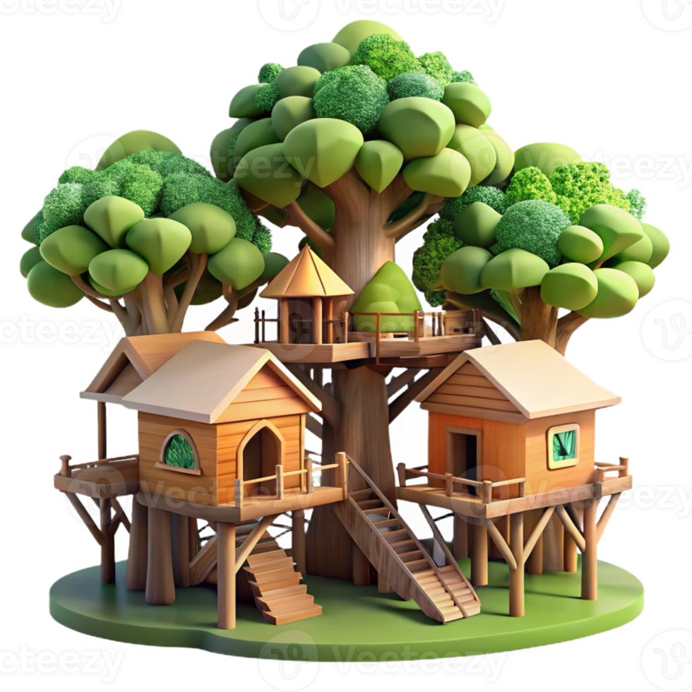 elegant contemporary Treehouse village, interconnected wooden structures, lush forest setting, dappled sunlight, whimsical fantasy style, high resolution png