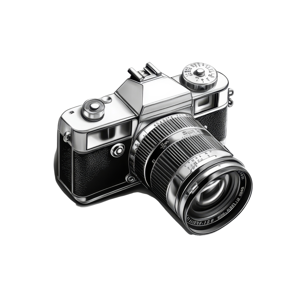 Isolated vintage professional film camera with detailed lens on a clean transparent background, professional film camera, file of isolated object with shadow on transparent background png