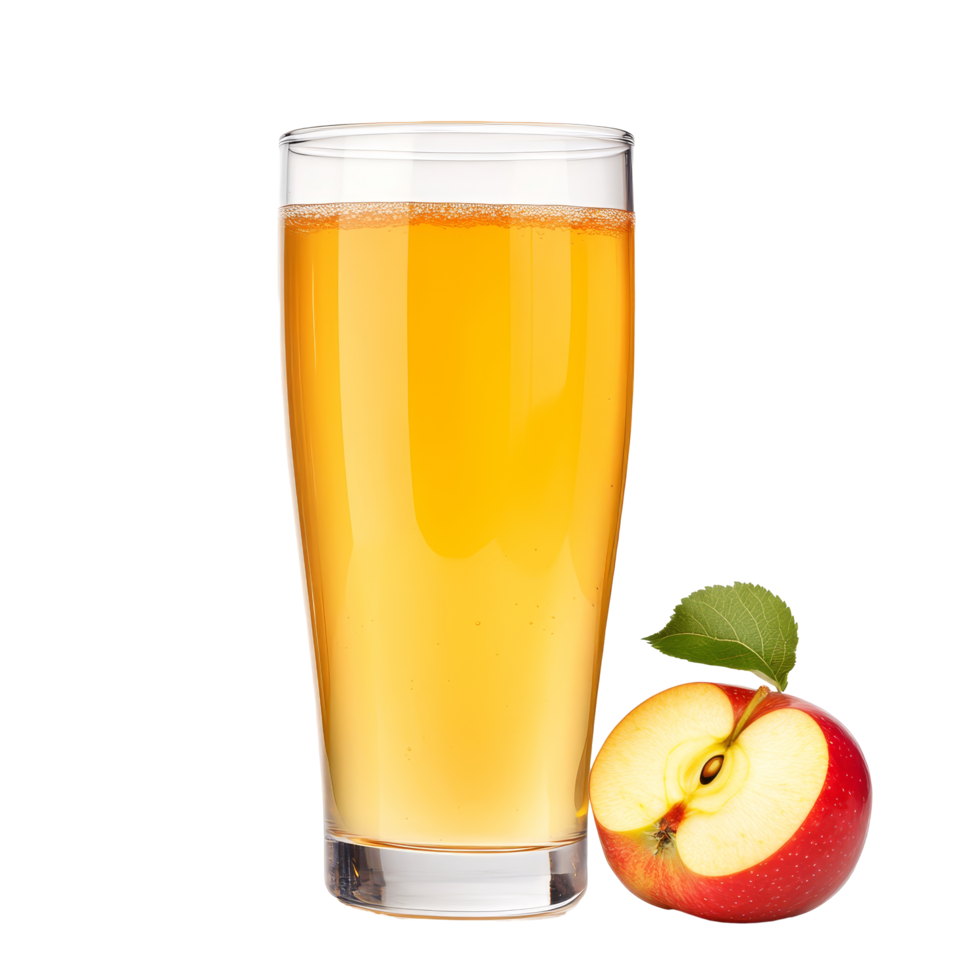 Refreshing glass of apple juice with a fresh apple on a transparent background perfect for a healthy drink idea, Glass of apple juice isolated png