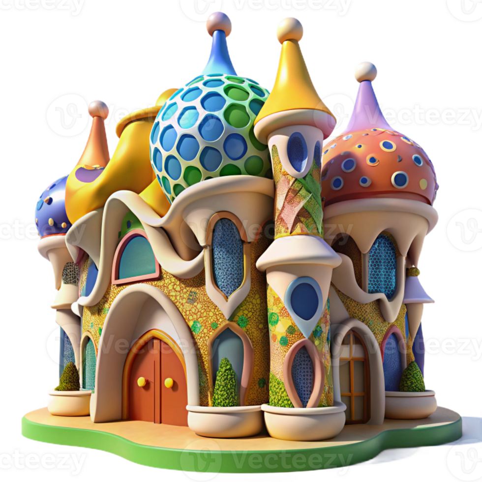serene vintage A colorful Gaudi-inspired building, organic shapes, vibrant mosaics, sunny day authentic png