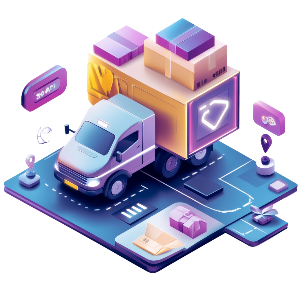 Modern layout design of a creative express delivery truck with digital elements, 24h express delivery service concept png