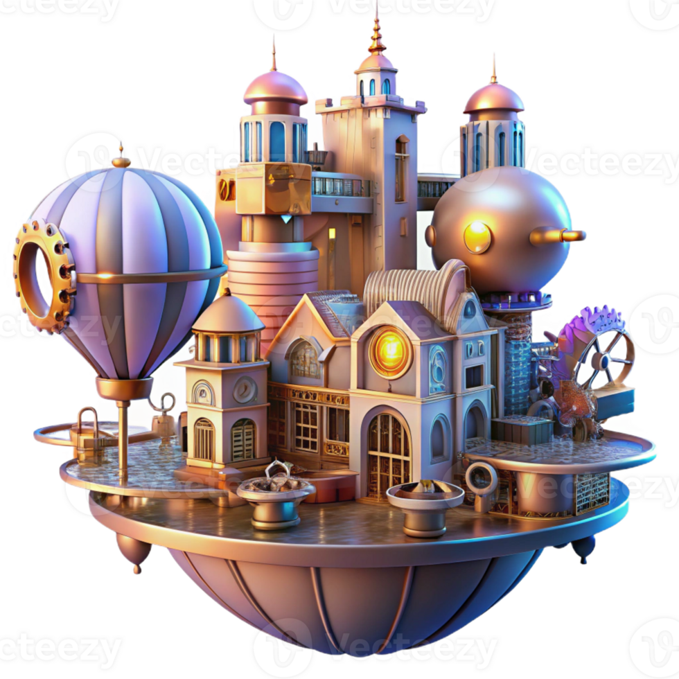 stunning abstract A steampunk cityscape with flying machines and intricate architecture, cogs and gears visible, illuminated by a vibrant, futuristic light premium png