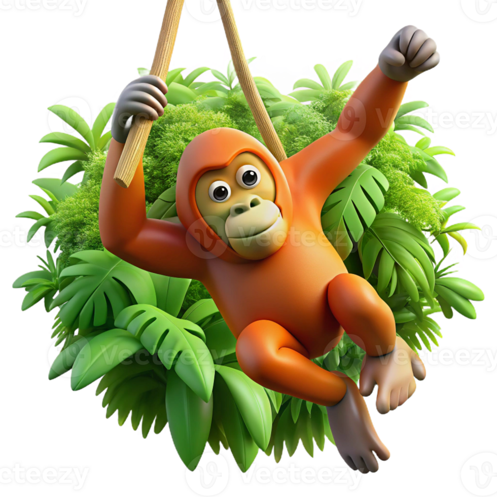 stunning artistic A playful orangutan swinging through the jungle, dynamic pose, lush green setting, exclusive png