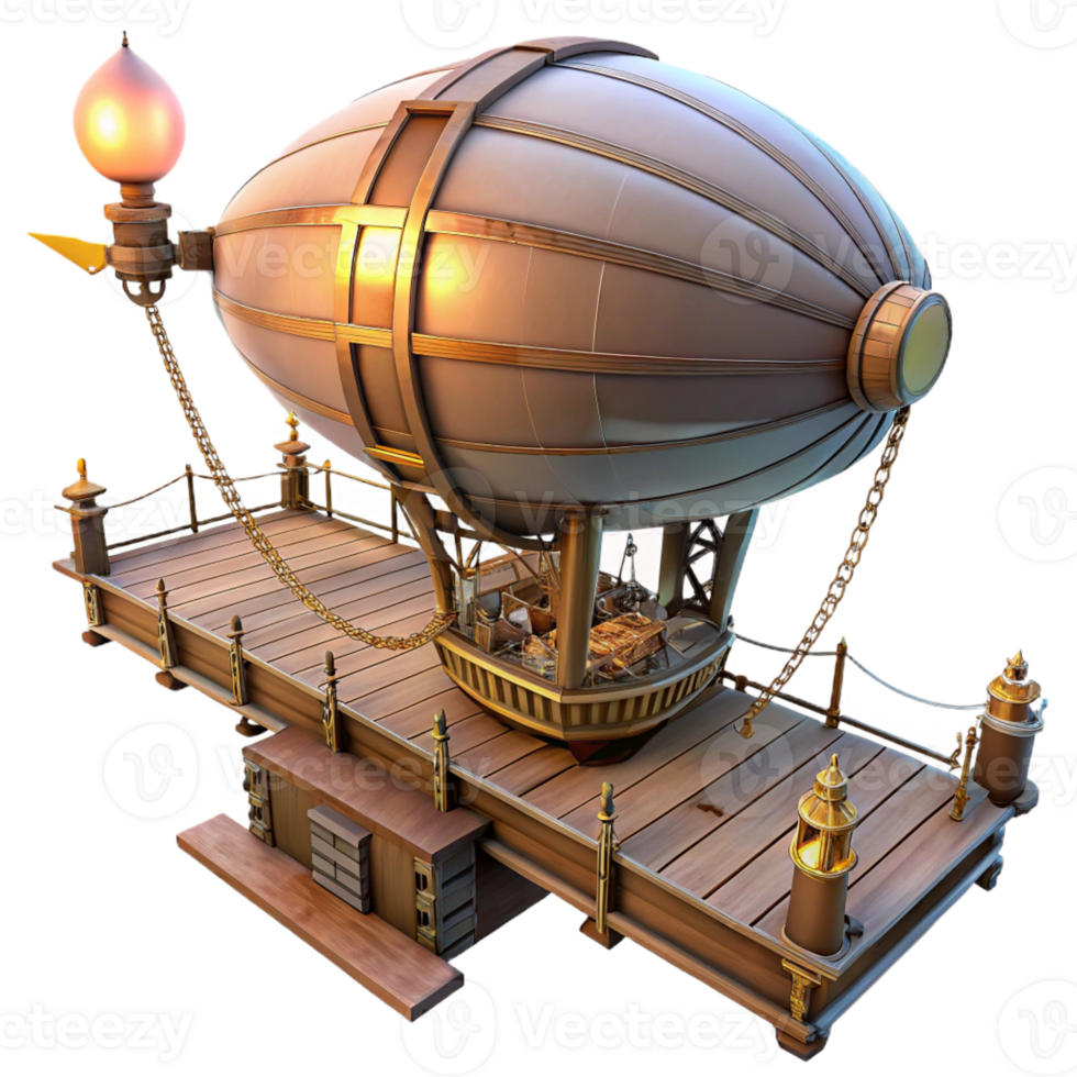 stunning contemporary A steampunk airship docking at a floating platform, intricate rigging and gangplanks, illuminated by a soft, twilight light detailed png