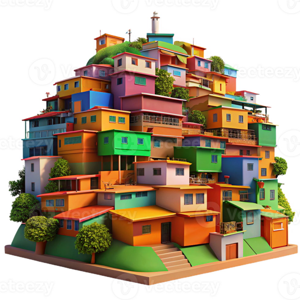 stunning classic A vibrant, colorful favela built on a hillside, midday sun, bustling, photorealistic, 4K png