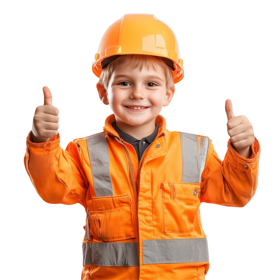 Cheerful child construction worker gives thumbs up while wearing bright safety gear in a studio setting, Cheerful Kid Construction Worker Giving Thumbs Up on transparent background png