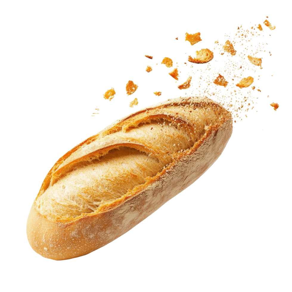 Freshly baked baguette with falling crumbs isolated on a transparent background, Freshly Baked Baguette with Falling Crumbs Isolated on transparent background png