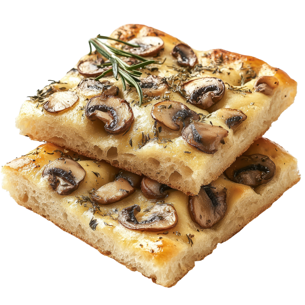 Freshly baked Italian focaccia topped with mushrooms and herbs, perfect for sharing or enjoying alone, talian focaccia with mushrooms png
