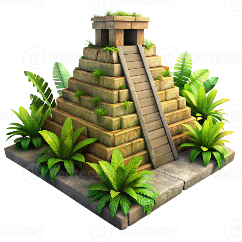 dramatic contemporary A Mayan pyramid overgrown with jungle vegetation, dappled sunlight, ancient style, weathered textures, authentic png