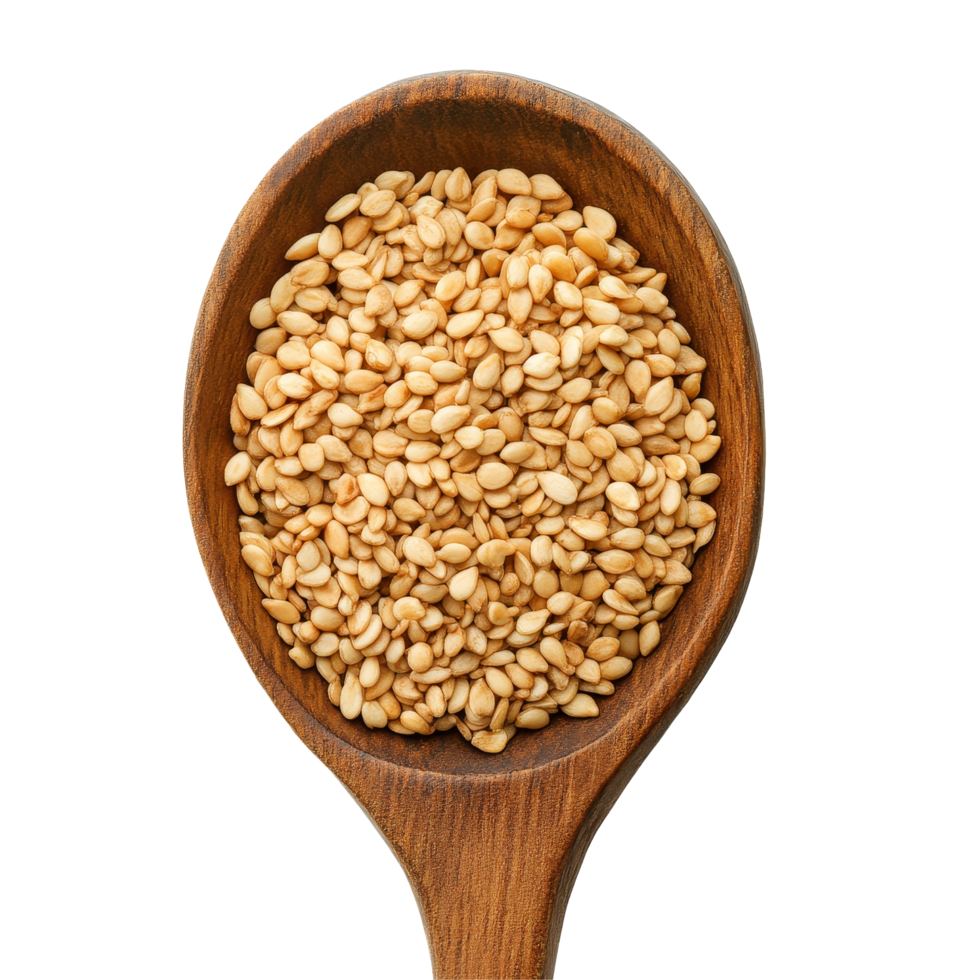 Sesame seeds in a wooden spoon resting on a clean transparent background for culinary and health exploration, sesame seeds in wooden spoon on transparent background png