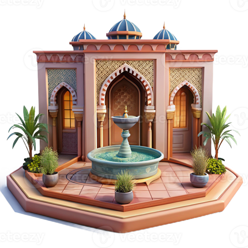 serene contemporary A Moroccan riad, intricate tilework, central courtyard fountain, exotic, opulent style high resolution png