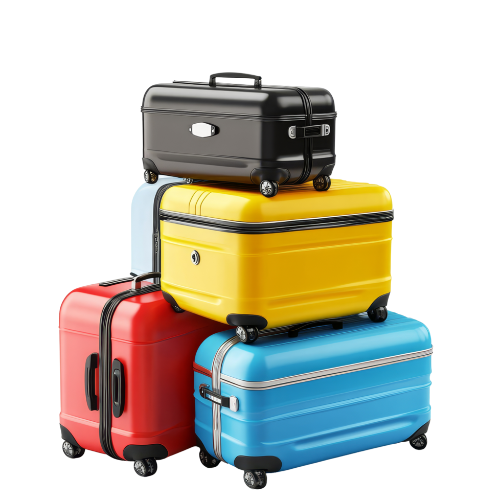 Colorful travel suitcases stacked together, showcasing a mix of blue, yellow, red, and black designs for adventures, travel suitcases, blue, yellow, red and black isolated on transparent background png