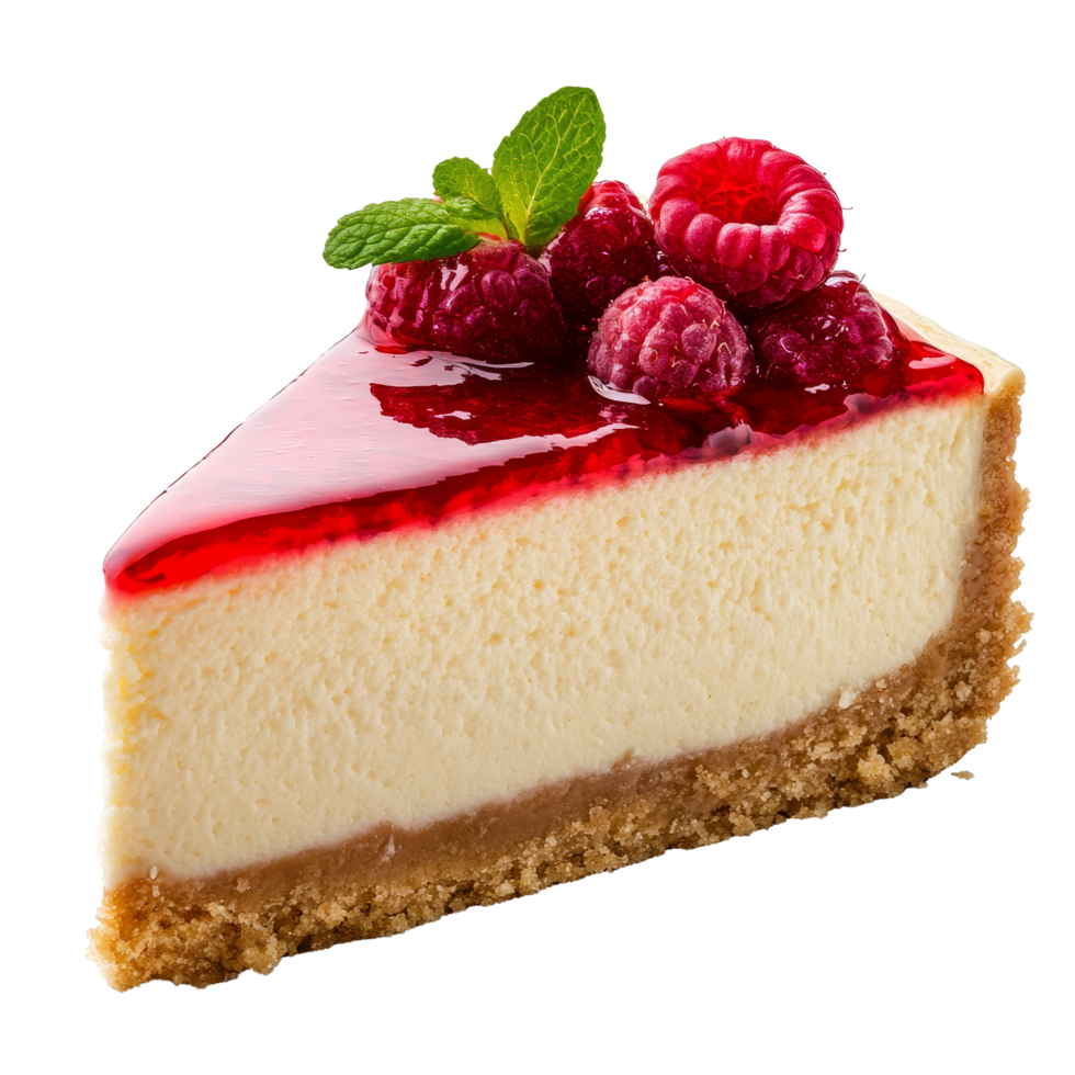Delicious slice of raspberry cheesecake topped with fresh berries on a clean transparent background showcasing its creamy texture and crust, cheesecake isolated on transparent background png