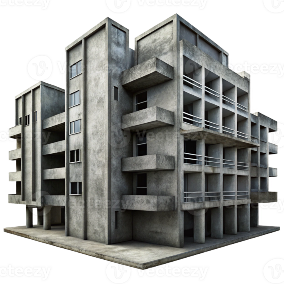 vibrant modern A Brutalist concrete apartment complex, harsh shadows, overcast sky, gritty and urban, photographic style, premium png