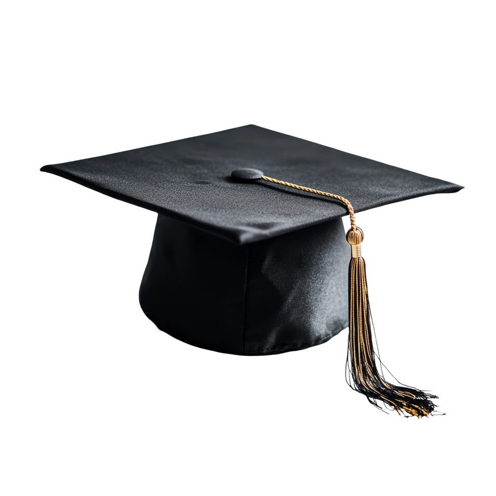 Black graduation cap resting on a transparent table, symbolizing academic achievement and a milestone celebration, graduation cap on transparent background png