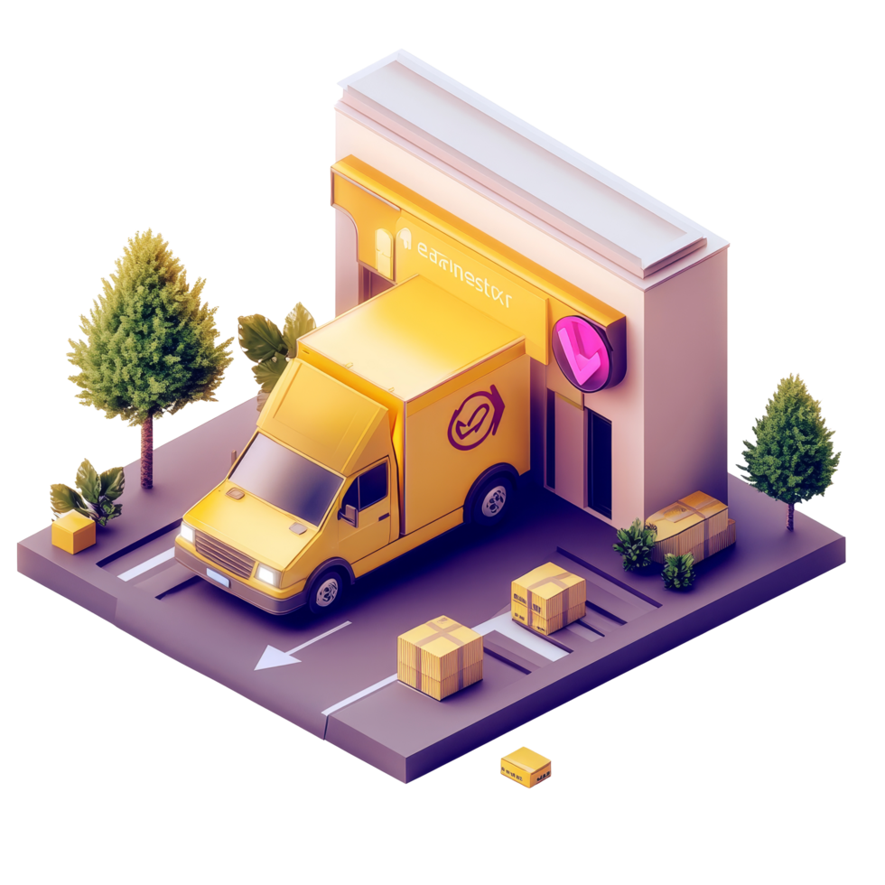 Express delivery service concept with a yellow van at a modern urban location in daylight, 24h express delivery service concept png