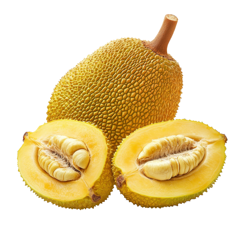 Fresh jackfruit cut open, showcasing vibrant yellow flesh and seeds against a clean transparent background, jackfruits on transparent background png