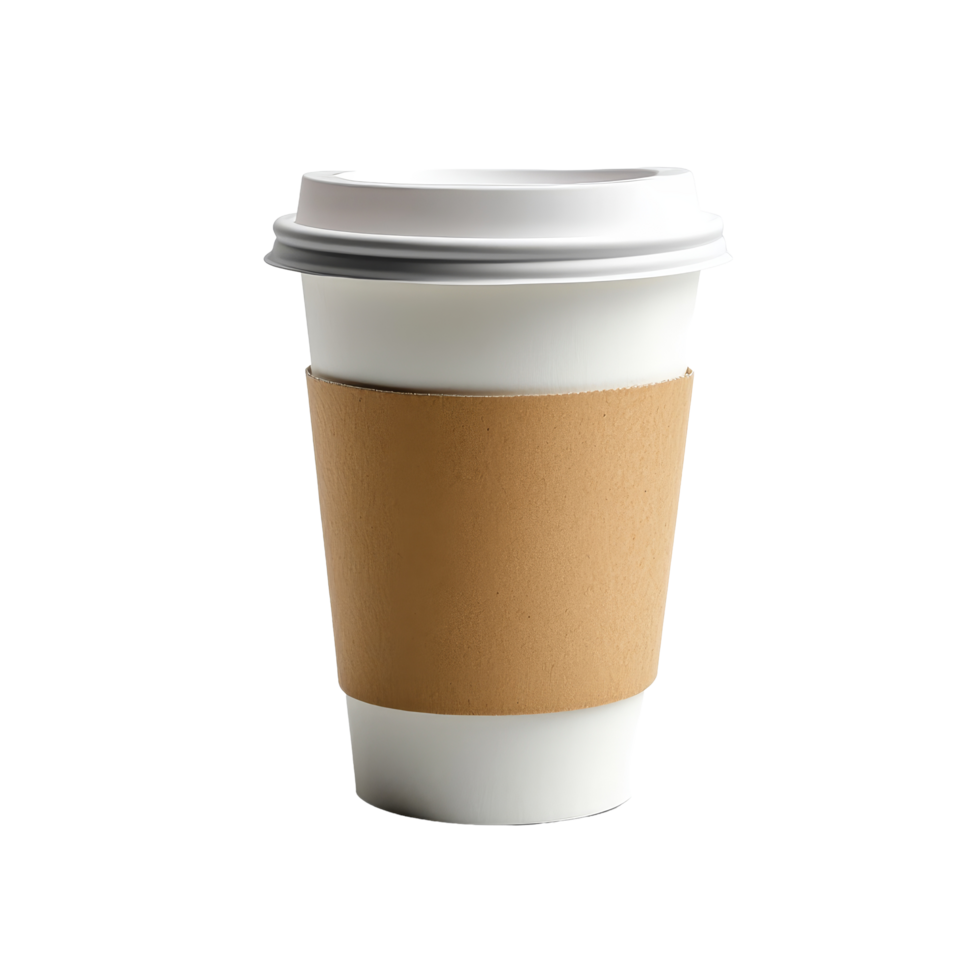 A transparent coffee cup with a kraft paper sleeve standing isolated against a clean transparent background, coffee cup isolated on transparent png