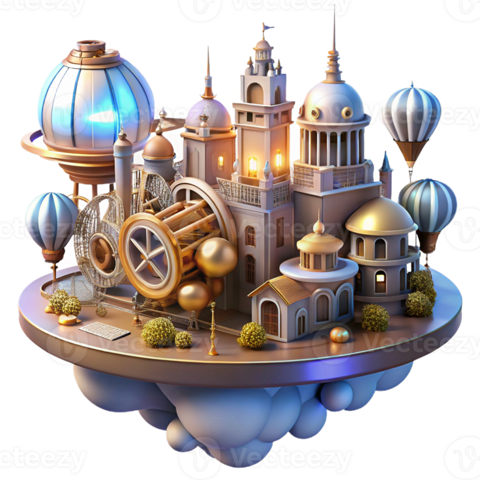 impressive classic A steampunk cityscape with flying machines and intricate architecture, cogs and gears visible, illuminated by a vibrant, futuristic light exclusive png