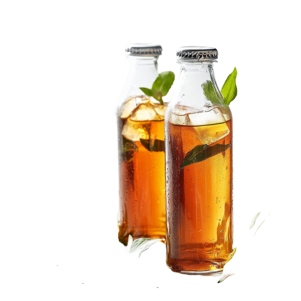Refreshing iced tea and green tea bottles with herbs on a clean transparent background, bottle of ice tea and green tea on transparent background png
