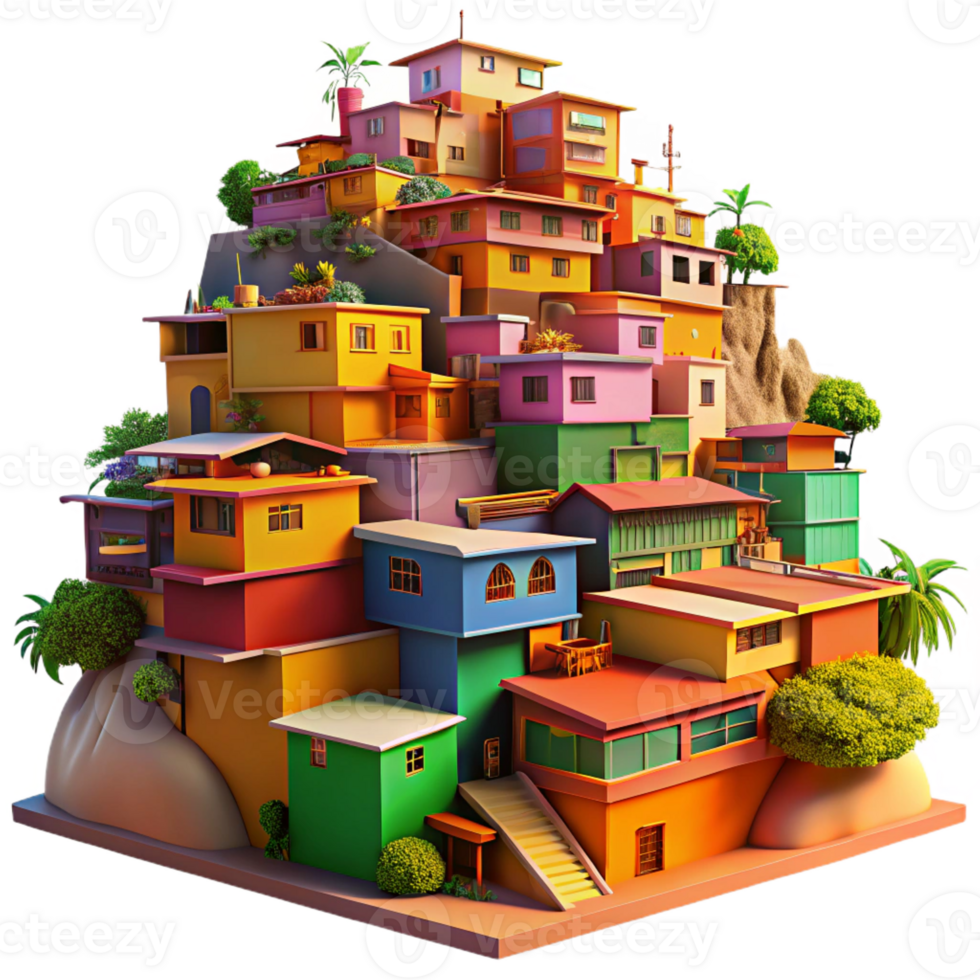 vibrant rustic A colourful favela built on a hillside, vibrant paint, intricate details, warm sunlight, lively atmosphere high resolution png