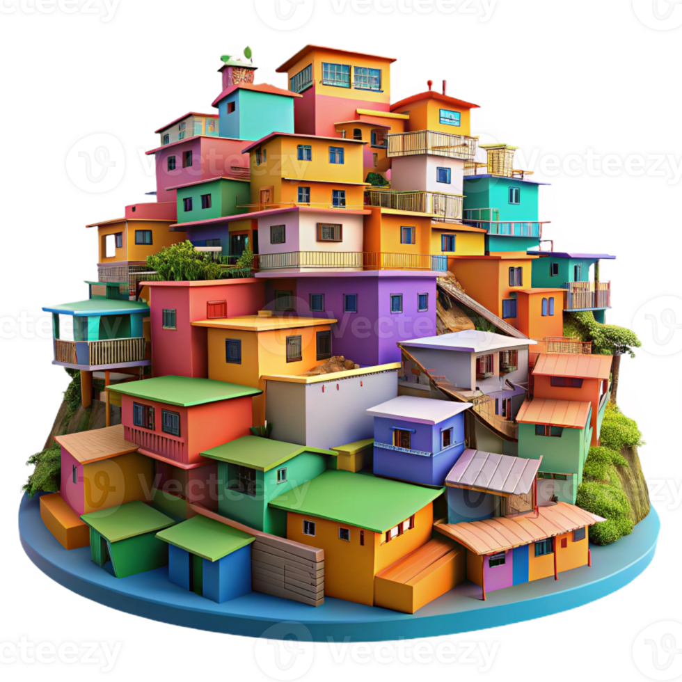 magnificent vintage A colorful favela built on a hillside, vibrant hues, dynamic composition, documentary style, detailed png