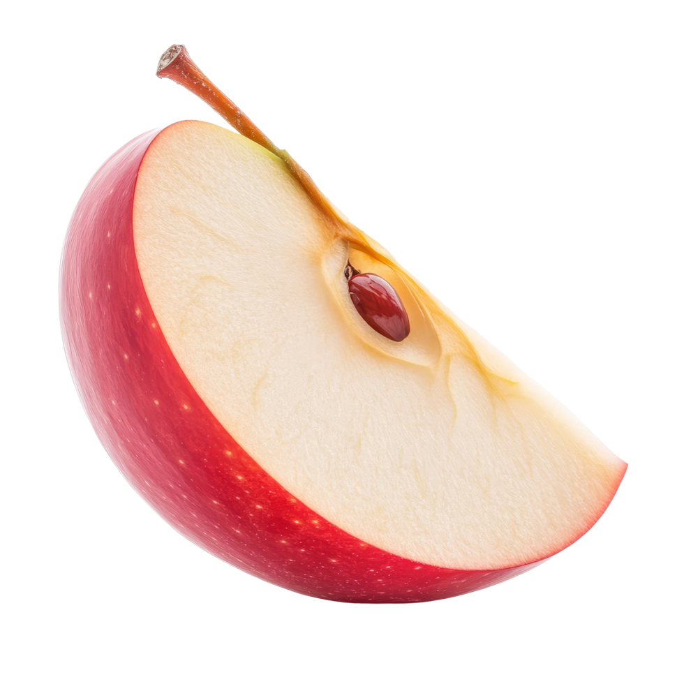 Fresh slice of red apple fruit with visible seed, isolated on a transparent background for a clean presentation, Slice of red apple fruit without seed isolated on transparent background png