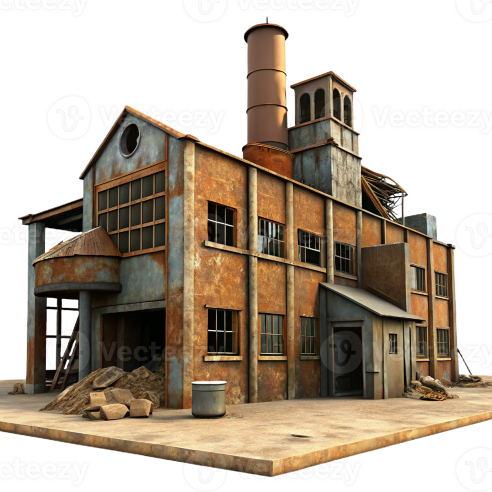 dramatic abstract An abandoned industrial factory, rusty metal, broken windows, post-apocalyptic setting, digital painting, premium png