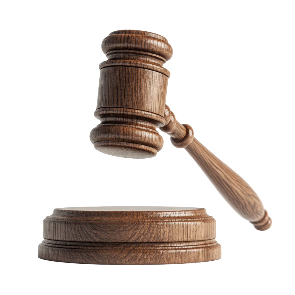 Wooden gavel resting on its base isolated against a clean transparent background for legal and judicial contexts, wooden gavel isolated on transparent background png