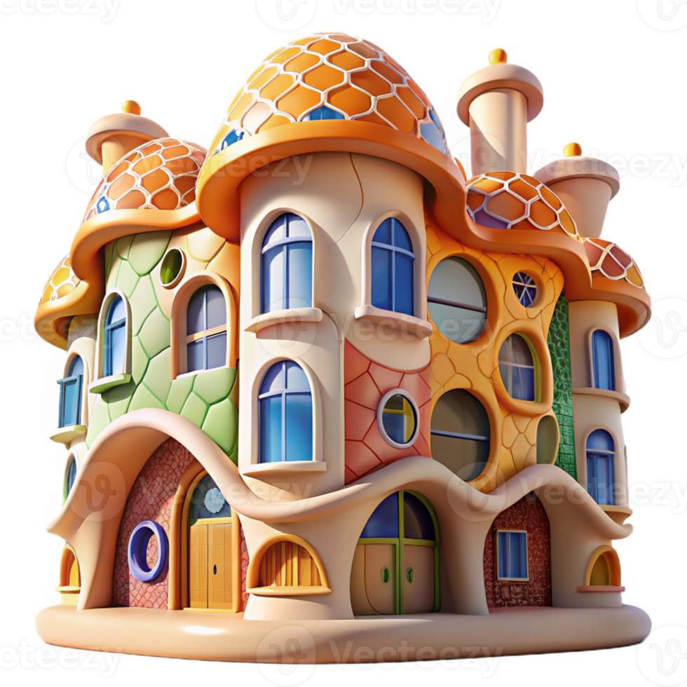 elegant traditional A Gaudi-inspired apartment building, organic shapes and colorful mosaics, bright sunlight, whimsical and playful style 4K png