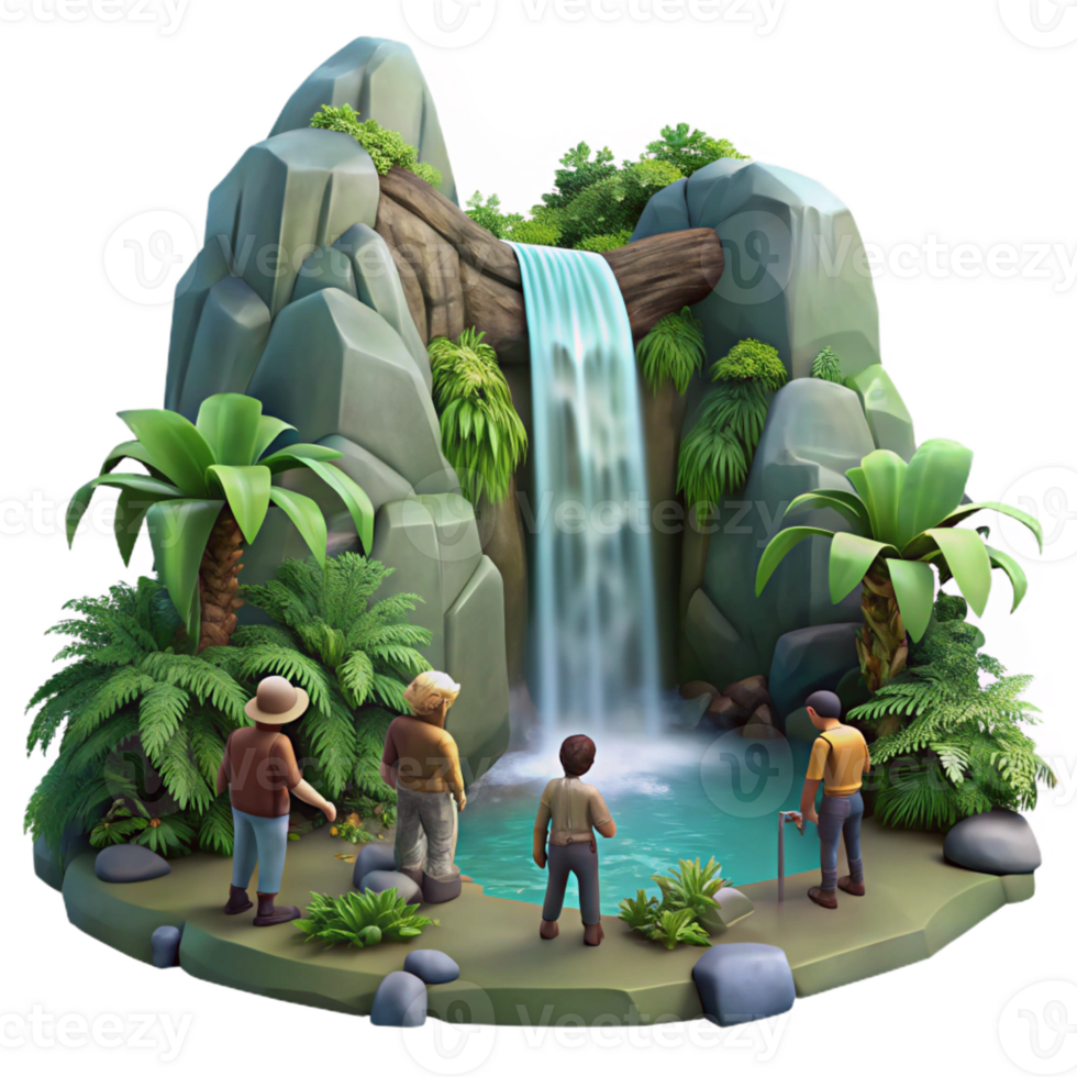 extraordinary vintage A group of adventurers discovering a hidden waterfall in a lush jungle, dappled lighting, digital painting high resolution png