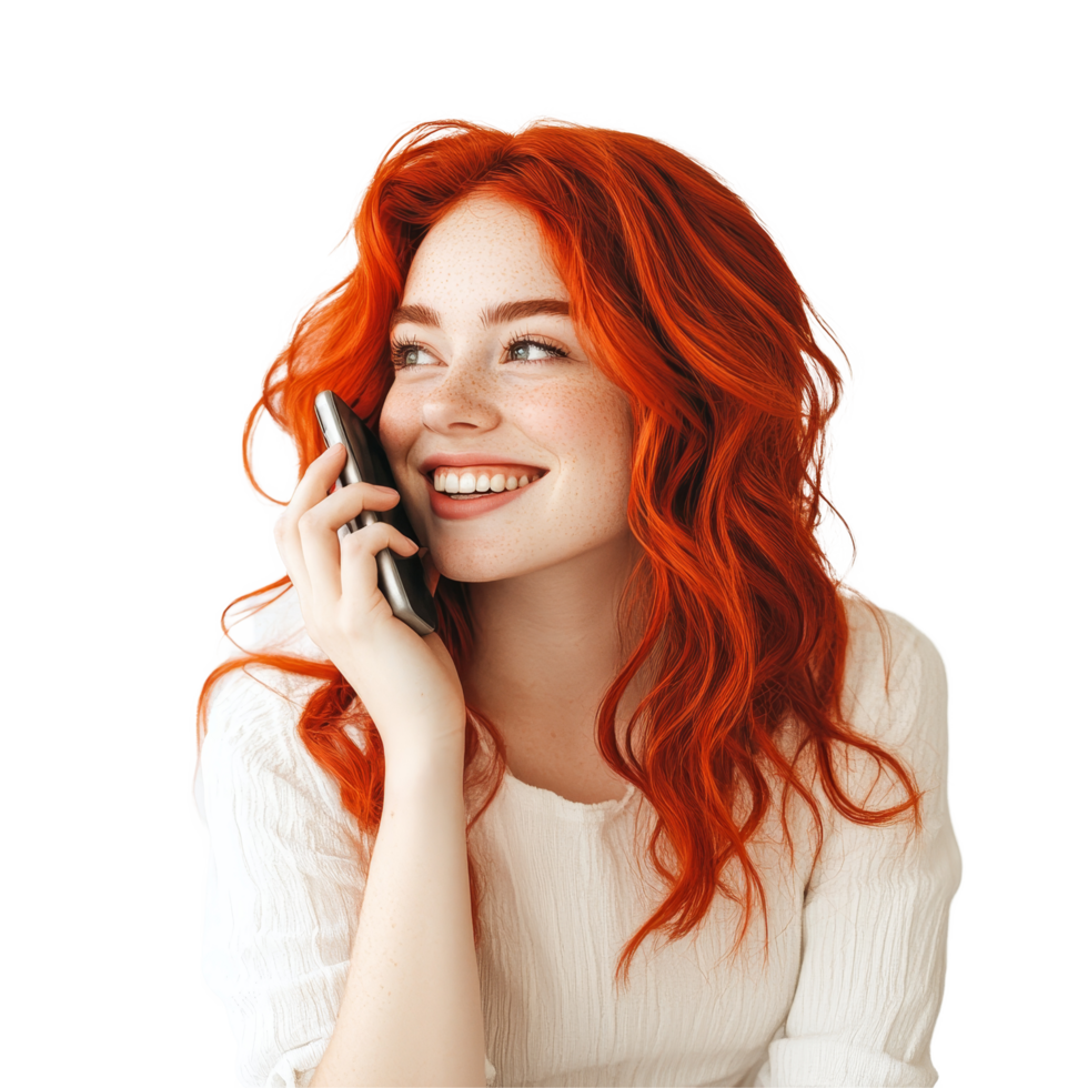 Happy redhead smiling while talking on the phone against a minimalistic transparent background, Smiling Redhead with Phone on transparent background png