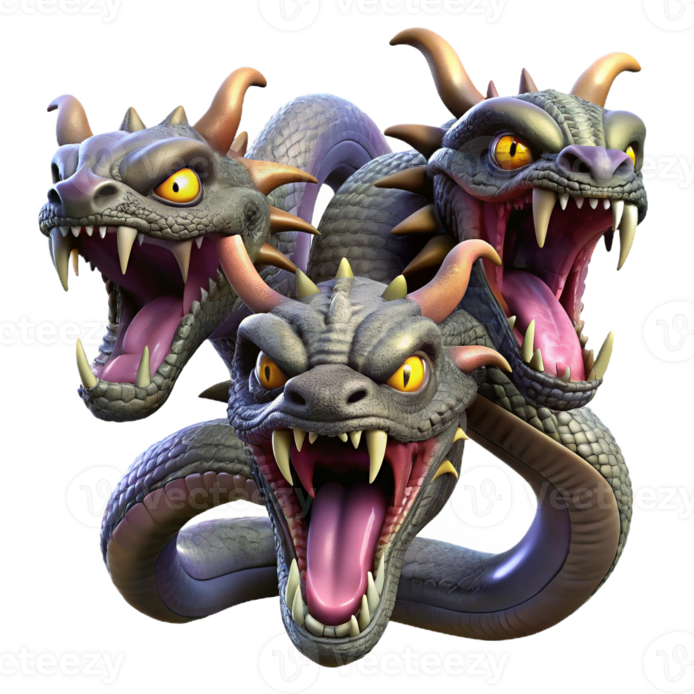 magnificent traditional A fearsome hydra with heads of venomous snakes, spitting acid, dynamic lighting, hyperrealistic high quality png