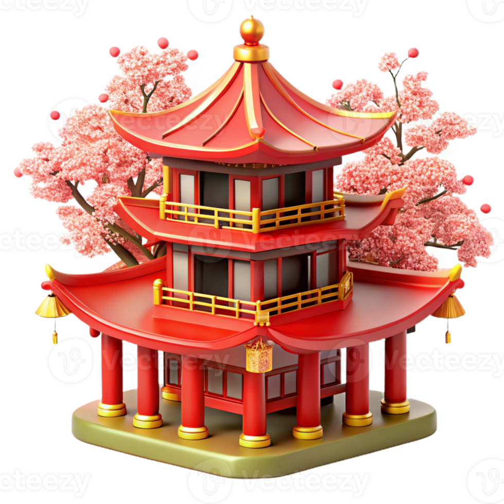 magnificent rustic A traditional Chinese pagoda with red and gold details, cherry blossoms in the foreground, vibrant colors, digital illustration, genuine png