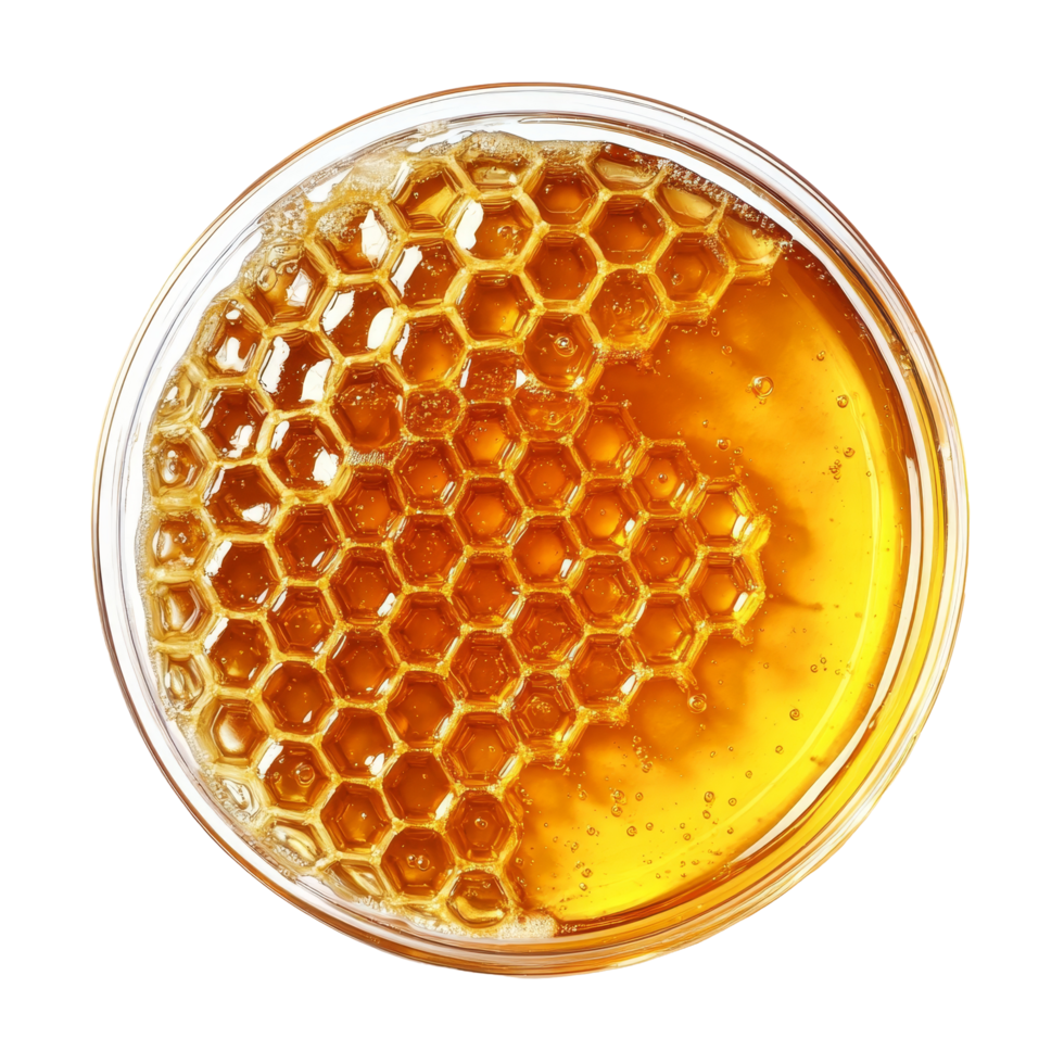 Golden honey in a petri dish on a transparent background showcasing natural sweetness and texture, Honey in petri dish over transparent background flat lay png