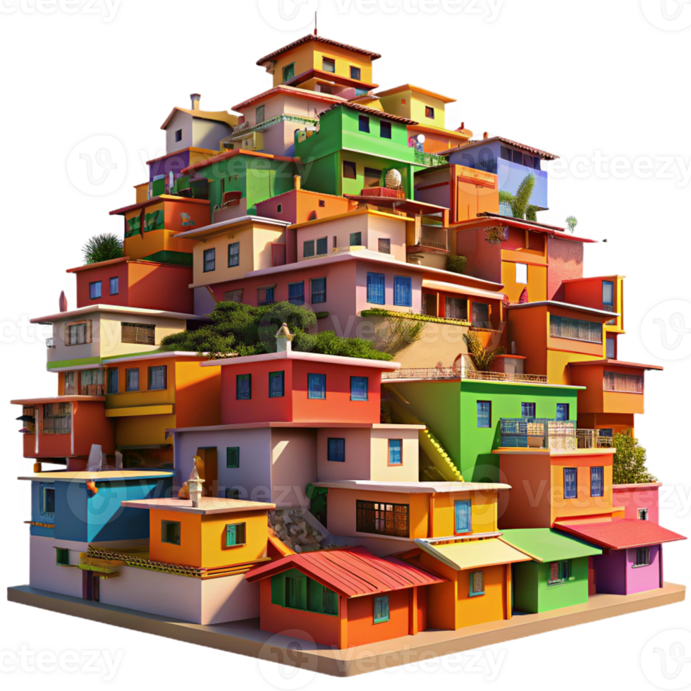 magnificent contemporary A colourful favela built on a hillside, vibrant paint, intricate details, warm sunlight, lively atmosphere exclusive png