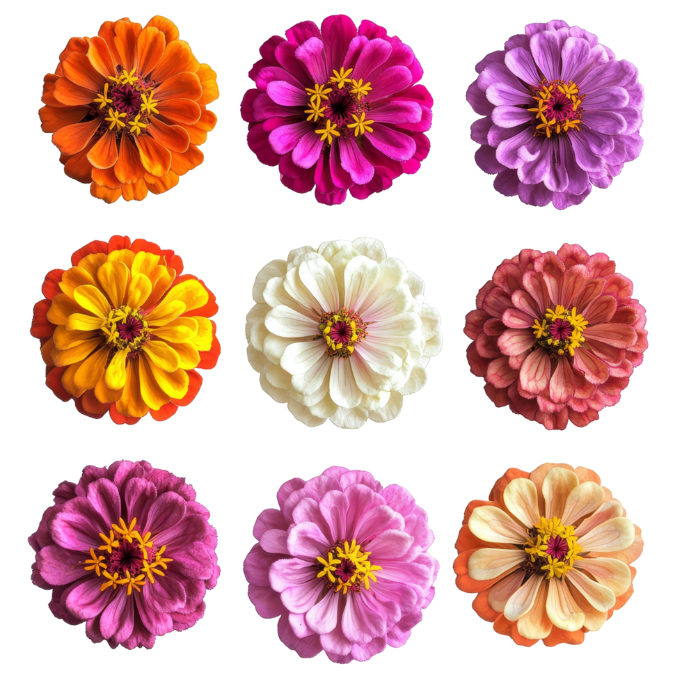 Colorful collection of zinnia flowers viewed from above, showcasing a vibrant array of petals in various shades, various zinnia single flower top view and with isolated on transparent background png