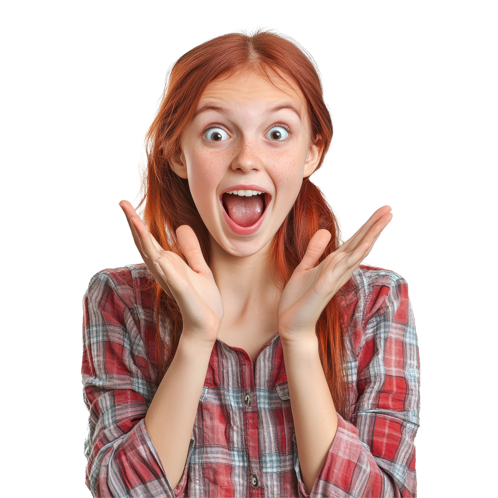 Joyful teenager girl expresses surprise in a playful moment with a bright smile against a transparent background, surprised joyful teenager girl, file of isolated object on transparent background png