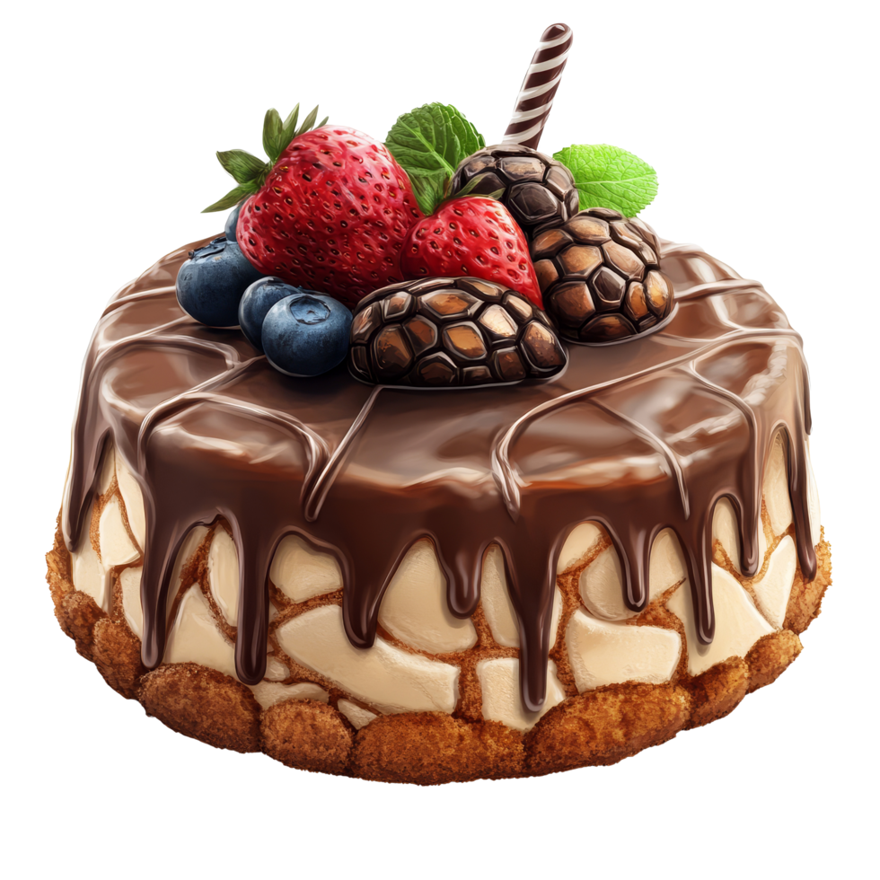 Delicious turtle cake drizzled with chocolate syrup and topped with fresh fruits on a clean transparent surface, Isolated turtle cake with chocolate syru png
