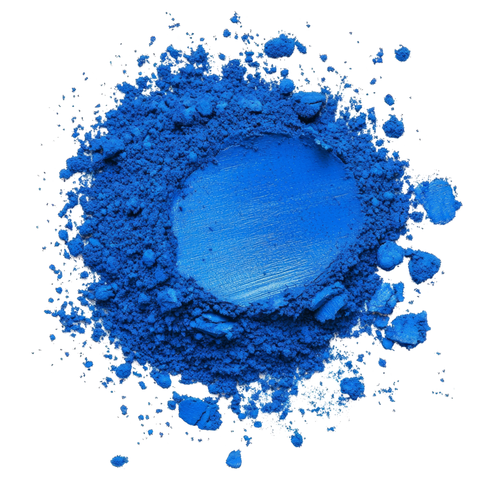 Bright blue pigment powder on transparent background for art and creative projects, blue paint pigment powder isolated on transparent background png