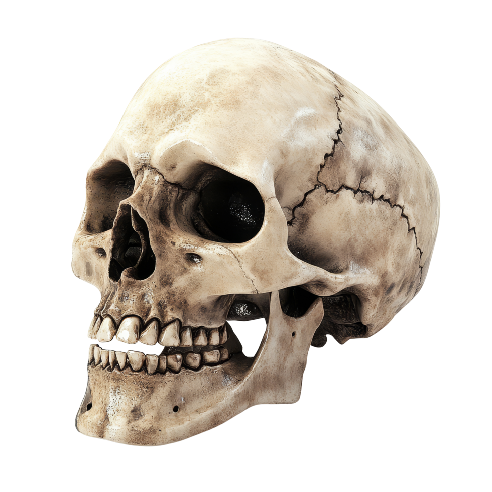 A detailed human skull isolated on a clean transparent background highlighting its features vividly, A Human Skull Isolated on a transparent background png